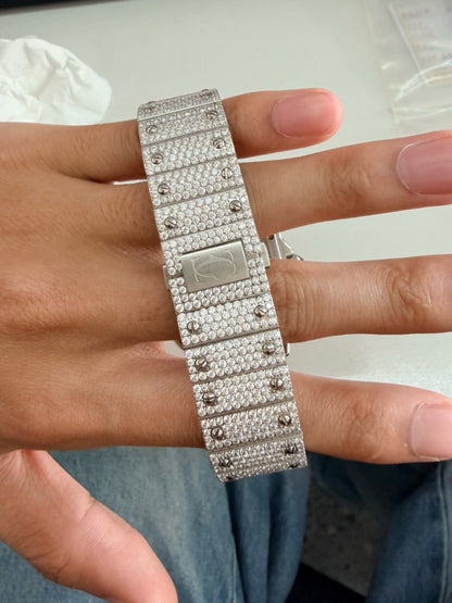 Iced Out Skeleton Cartier Santos Style Watch – Silver Diamond Bust Down – Automatic Movement