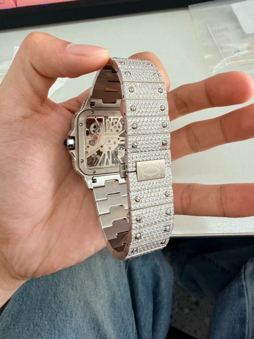 Iced Out Skeleton Cartier Santos Style Watch – Silver Diamond Bust Down – Automatic Movement