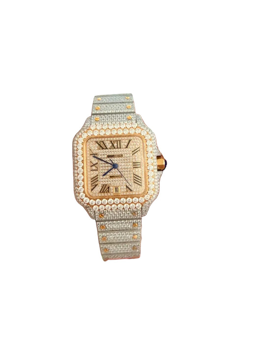 Iced Out Cartier Santos Style Watch – Gold & Silver Moissanite Look – Automatic Skeleton Timepiece