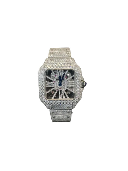 Iced Out Skeleton Cartier Santos Style Watch – Silver Diamond Bust Down – Automatic Movement