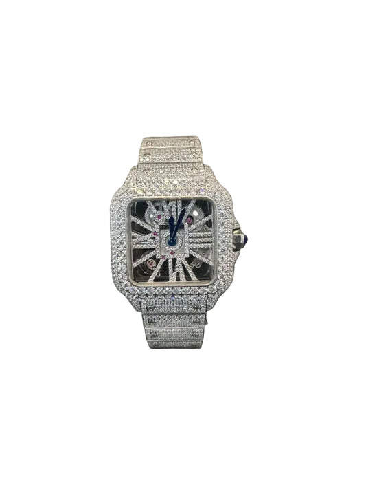 Iced Out Skeleton Cartier Santos Style Watch – Silver Diamond Bust Down – Automatic Movement
