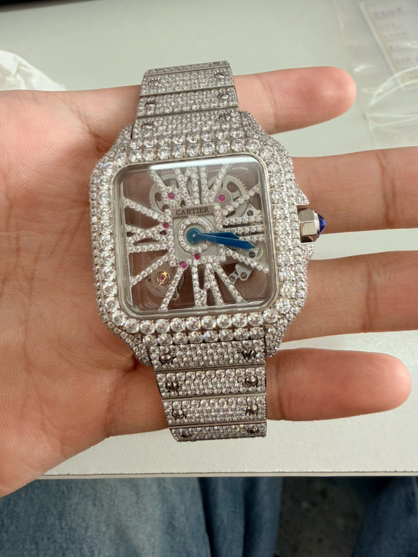 Iced Out Skeleton Cartier Santos Style Watch – Silver Diamond Bust Down – Automatic Movement