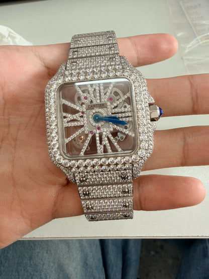 Iced Out Skeleton Cartier Santos Style Watch – Silver Diamond Bust Down – Automatic Movement