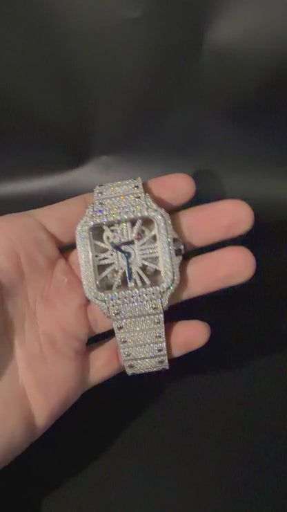 Iced Out Skeleton Cartier Santos Style Watch – Silver Diamond Bust Down – Automatic Movement